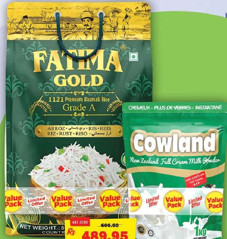 Fatima Gold 1121 Premium Basmati Rice Grade A 5kg + Cowland New Zealand Full Cream Milk Powder 1kg