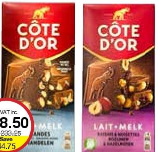 Cote d'Or Lait Amandes Caramelisees / Lait Noisettes Entieres/ Lait Raisins Noisettes/ Noir Amandes/ Noir Noisettes Entieres - 180g