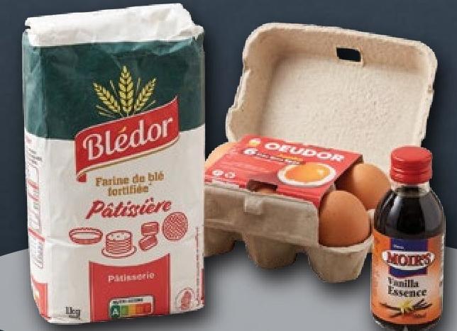 Bledor Flour 1kg Patissiere, Oeudor Jumbo Eggs 6's, Moirs Vanilla Essence 100ml