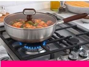 Wok with lid, 28 cm diameter, triple-layer stainless steel, suitable for all stovetops including induction