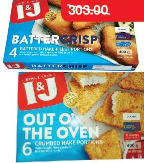 I&J Battercrisp Battered Hake Fillet Portions 400g / I&J Out O' Oven Crumbed Hake Portions 400g